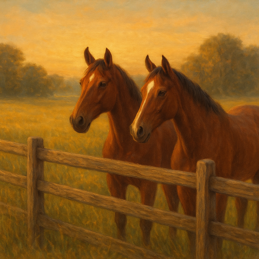 Two Horses at Rustic Post & Rail Fence No. 20 Oil Painting - View 1
