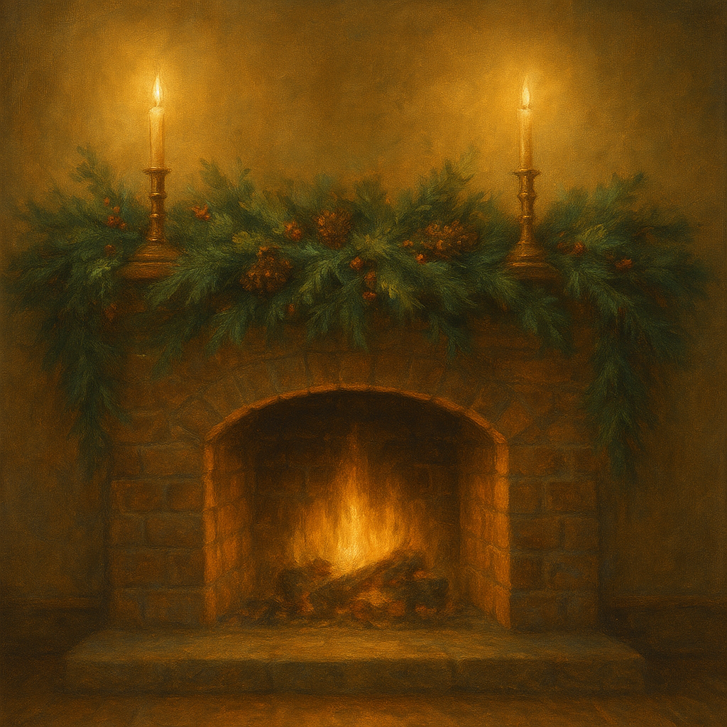 Vintage Fireside Hearth & Cedar Garlands No. 10 Oil Painting - View 1