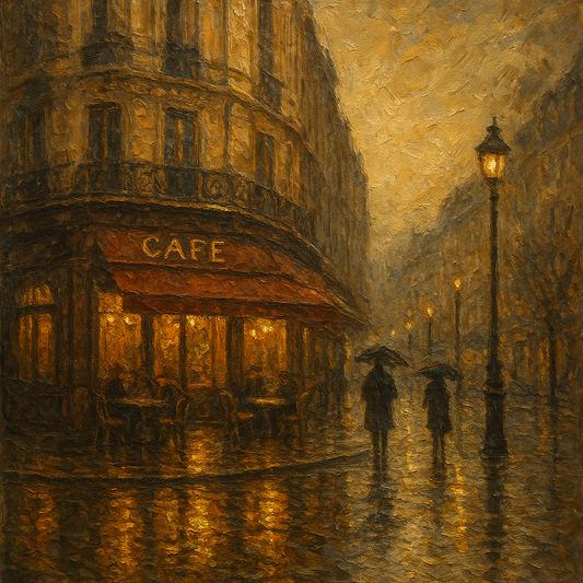 Parisian Cafe Rain Reflections No. 4 Oil Painting - 100% Hand-Painted Master Oil Painting