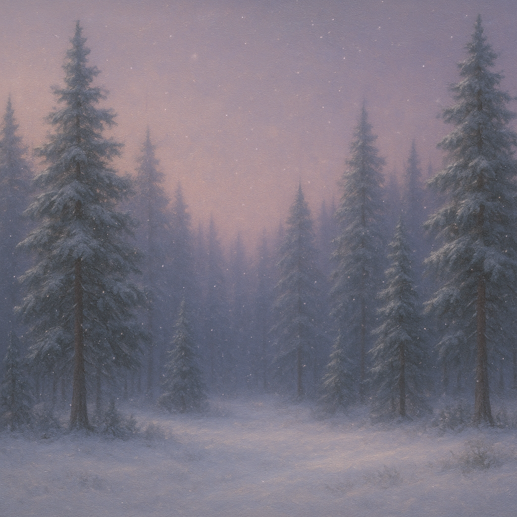 Quiet Pine Forest in Gentle Twilight Snow Oil Painting - View 1