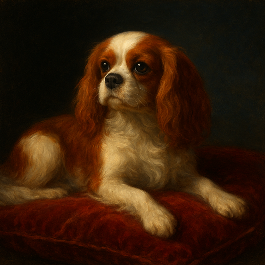 Cavalier King Charles Spaniel on Velvet Cushion No. 13 Fine Art Oil Painting - View 1