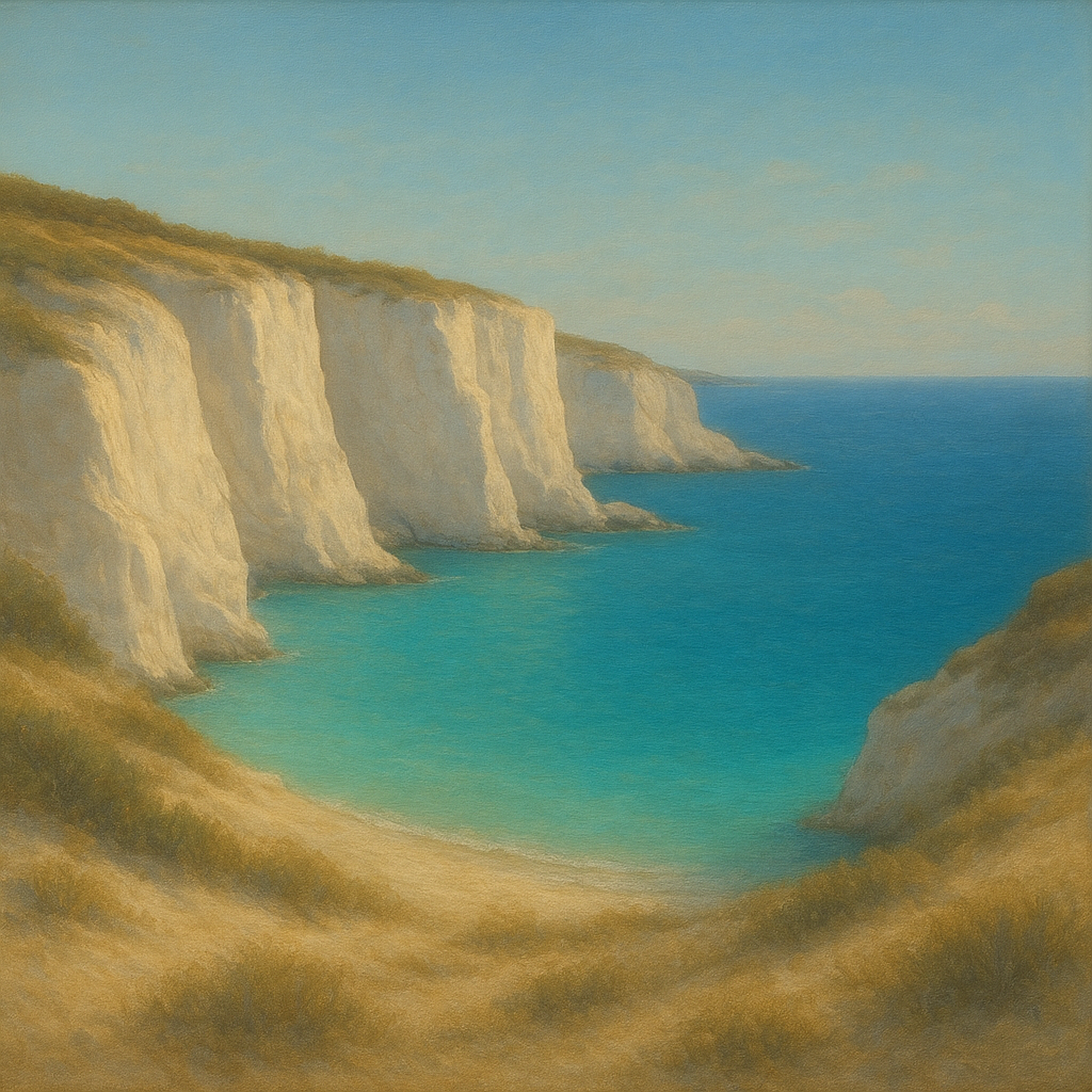 Mediterranean White Cliffs & Turquoise Cove Oil Painting - View 1