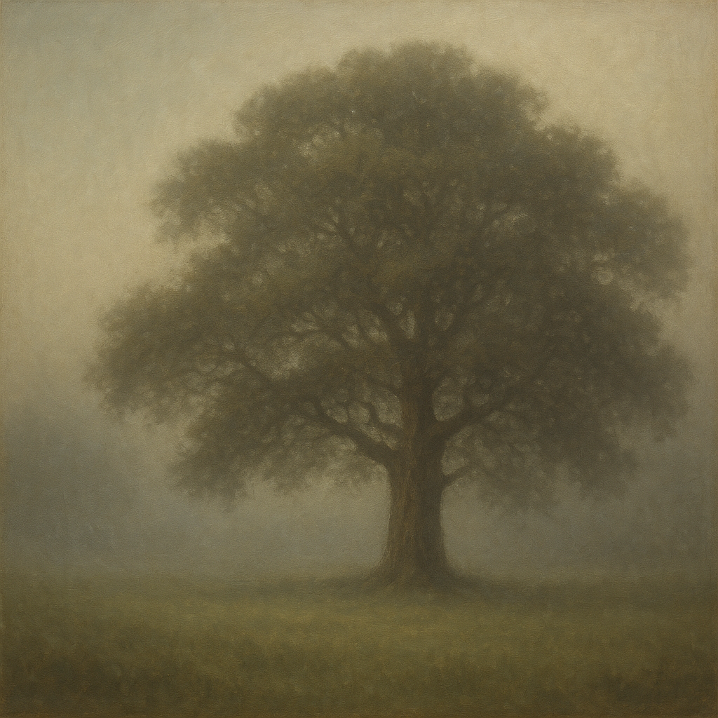 Ancient Solitary Oak in Morning Fog No. 10 Oil Painting - View 1