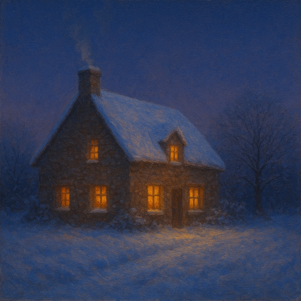 Snow-Dusted Stone Cottage at Twilight No. 2 Oil Painting - View 1