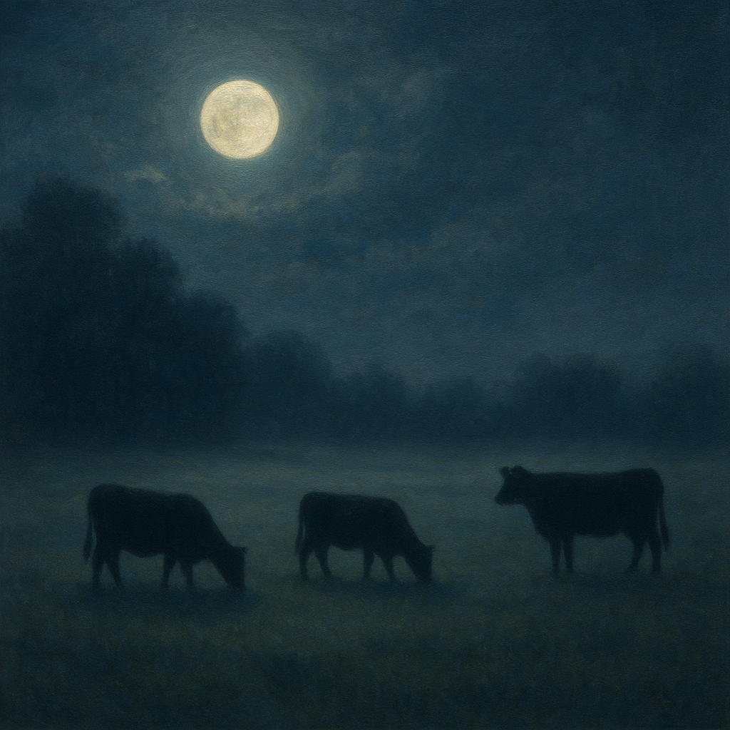 Moonlit Pastoral Meadow & Cattle Silhouettes Oil Painting - View 1