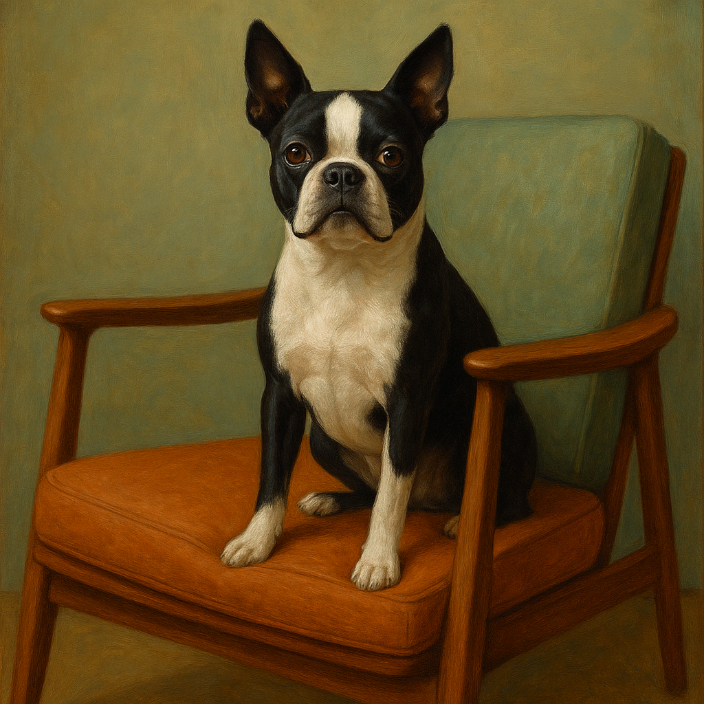 Boston Terrier in Warm Mid-Century Armchair No. 11 Fine Art Oil Painting - View 1