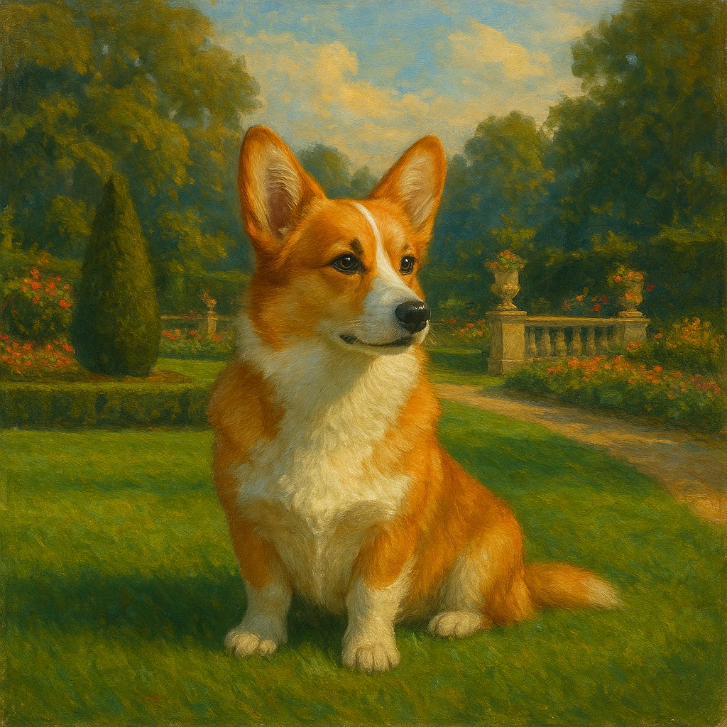 Pembroke Welsh Corgi in Royal English Garden No. 5 Fine Art Oil Painting - View 1