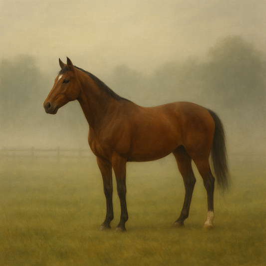 Thoroughbred in Morning Pasture Mist No. 17 Oil Painting - View 1