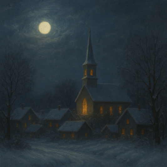 Moonlight Over Snowy Village Steeple No. 5 Oil Painting - View 1