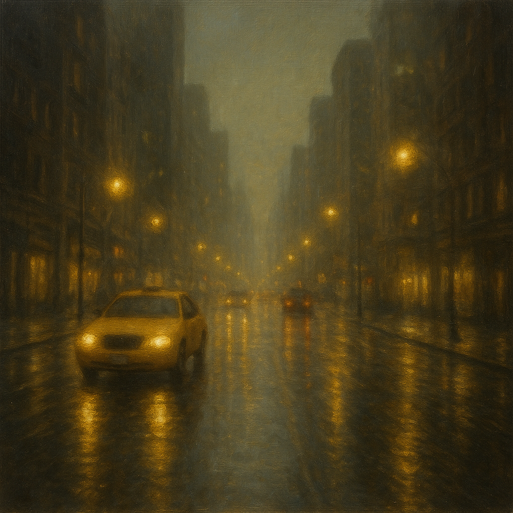Rain-Drenched Manhattan Avenue Lights No. 16 Oil Painting - View 1