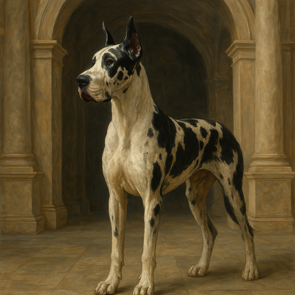 Regal Great Dane in Grand Architectural Hall No. 9 Fine Art Oil Painting - View 1
