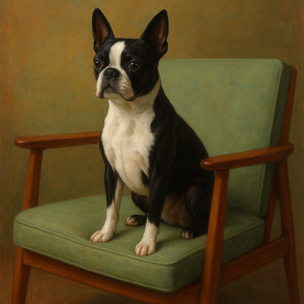 Boston Terrier in Warm Mid-Century Armchair No. 2 Fine Art Oil Painting - View 1