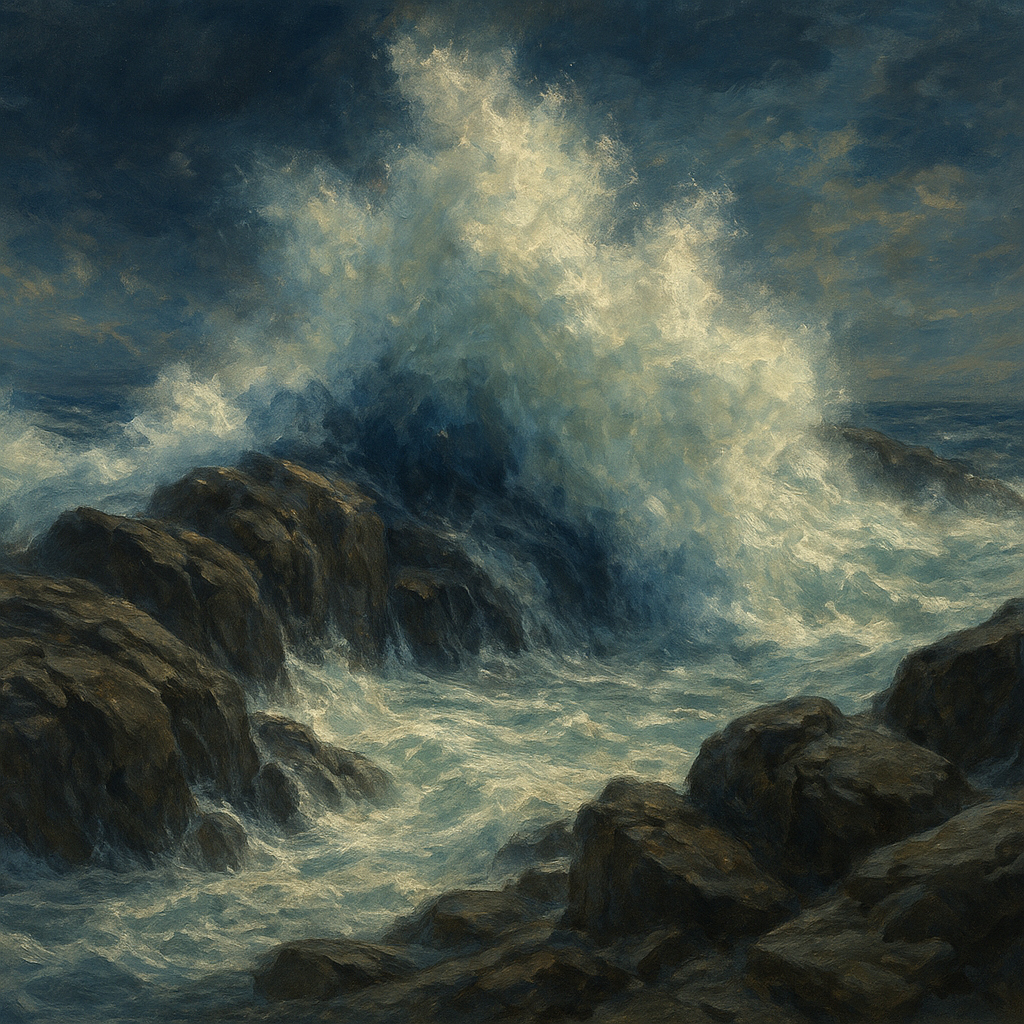 Dramatic Storm Waves on Crashing Granite Rocks No. 7 Fine Art Oil Painting - View 1