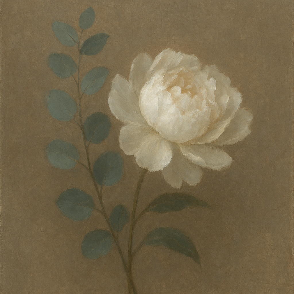 Eucalyptus & White Peony Minimalist Flora No. 10 Fine Art Oil Painting - View 1