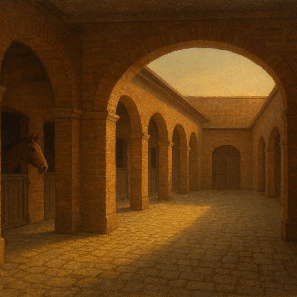 Equestrian Stable Courtyard in Late Afternoon No. 6 Oil Painting 100% Hand Painted Oil on Belgian Linen Canvas, Original Fine Art Wall Decor