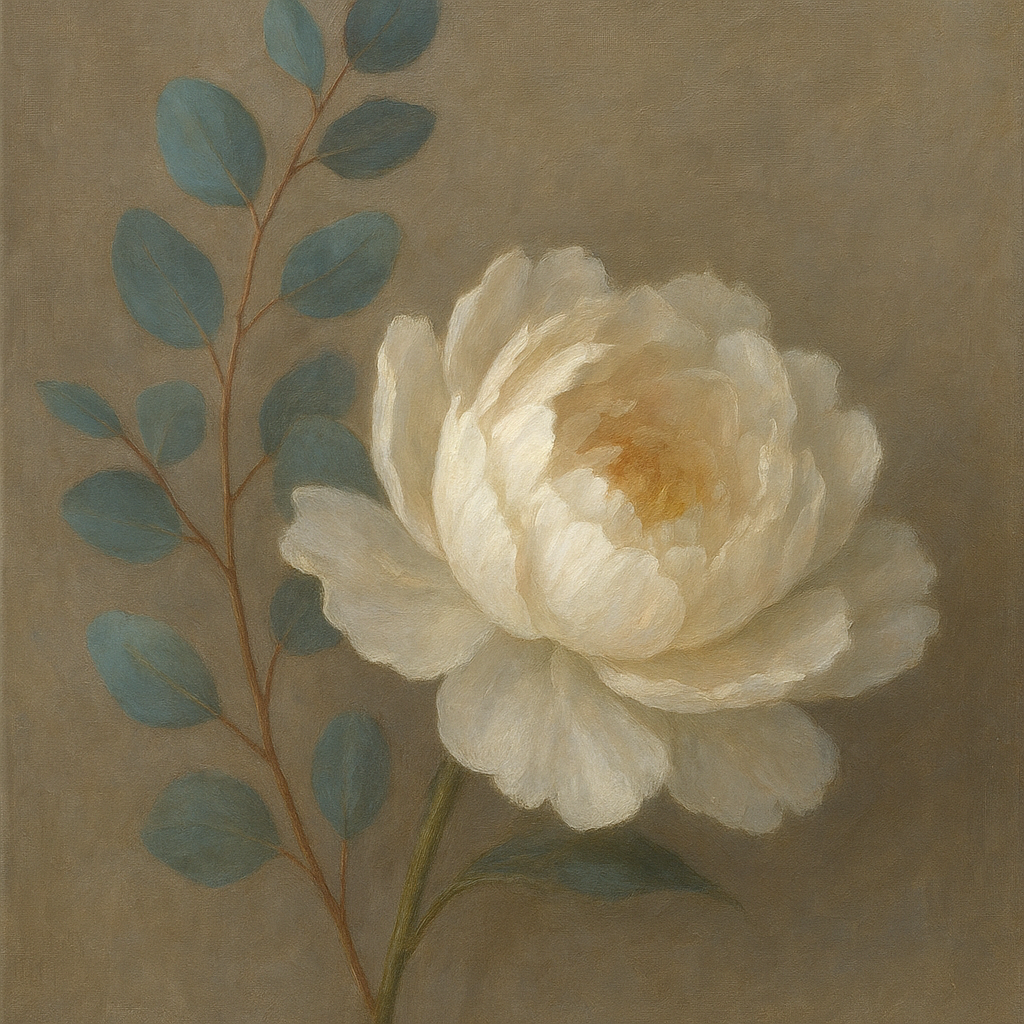Eucalyptus & White Peony Minimalist Flora No. 12 Fine Art Oil Painting - View 1