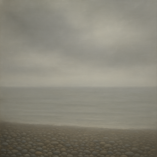 Overcast Coastal Fog & Wet Pebble Shingle No. 19 Oil Painting 100% Hand Painted Oil on Belgian Linen Canvas, Original Fine Art Wall Decor