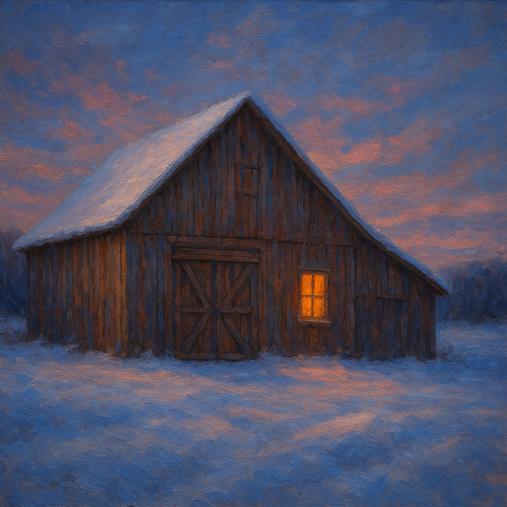 Rustic Wooden Barn in Quiet Winter Twilight No. 4 Fine Art Oil Painting - View 1