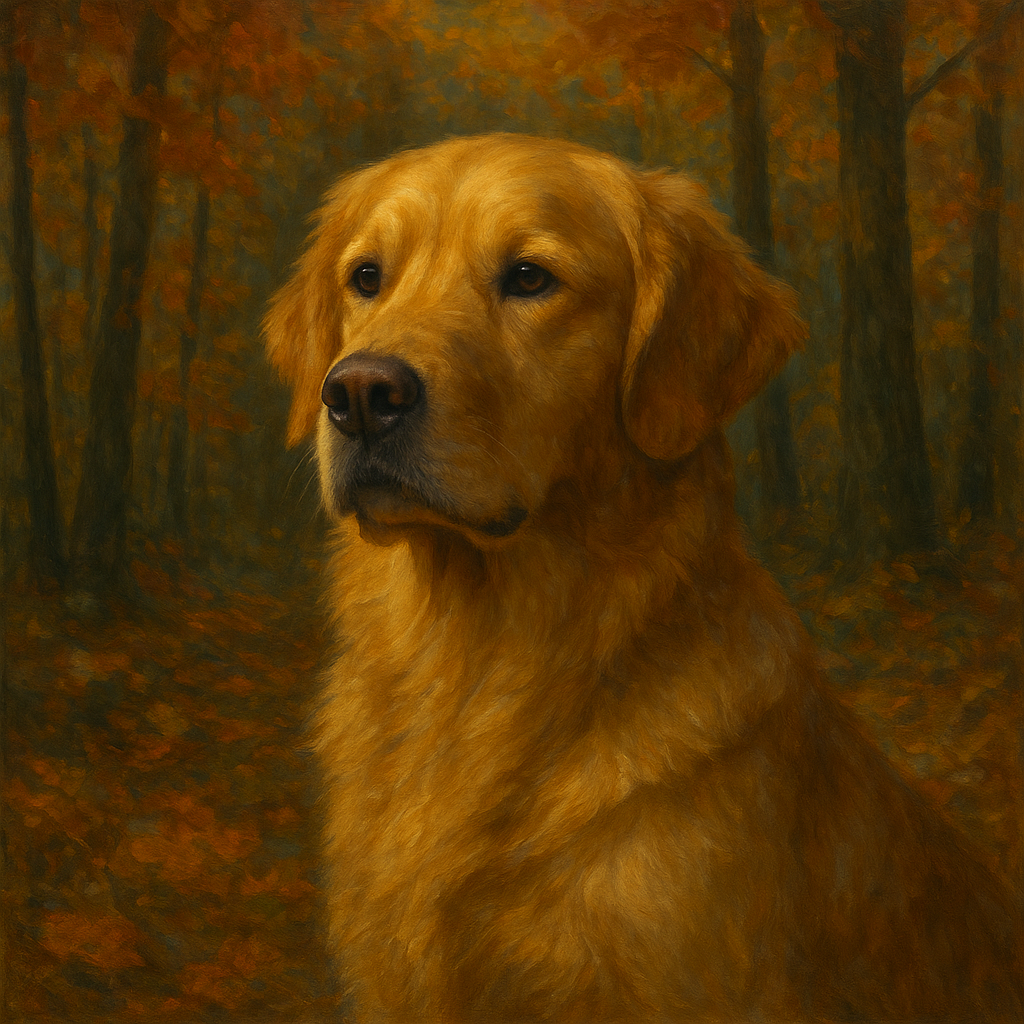 Noble Golden Retriever in Autumn Woods Fine Art Oil Painting - View 1