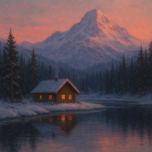Winter Solstice Mountain Cabin Reflection No. 6 Oil Painting - View 1