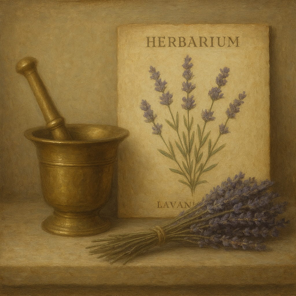 Lavender Herbarium & Mortar Study Oil Painting - View 1
