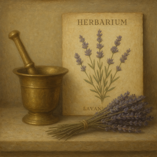Lavender Herbarium & Mortar Study Oil Painting 100% Hand Painted Oil on Belgian Linen Canvas, Original Fine Art Wall Decor