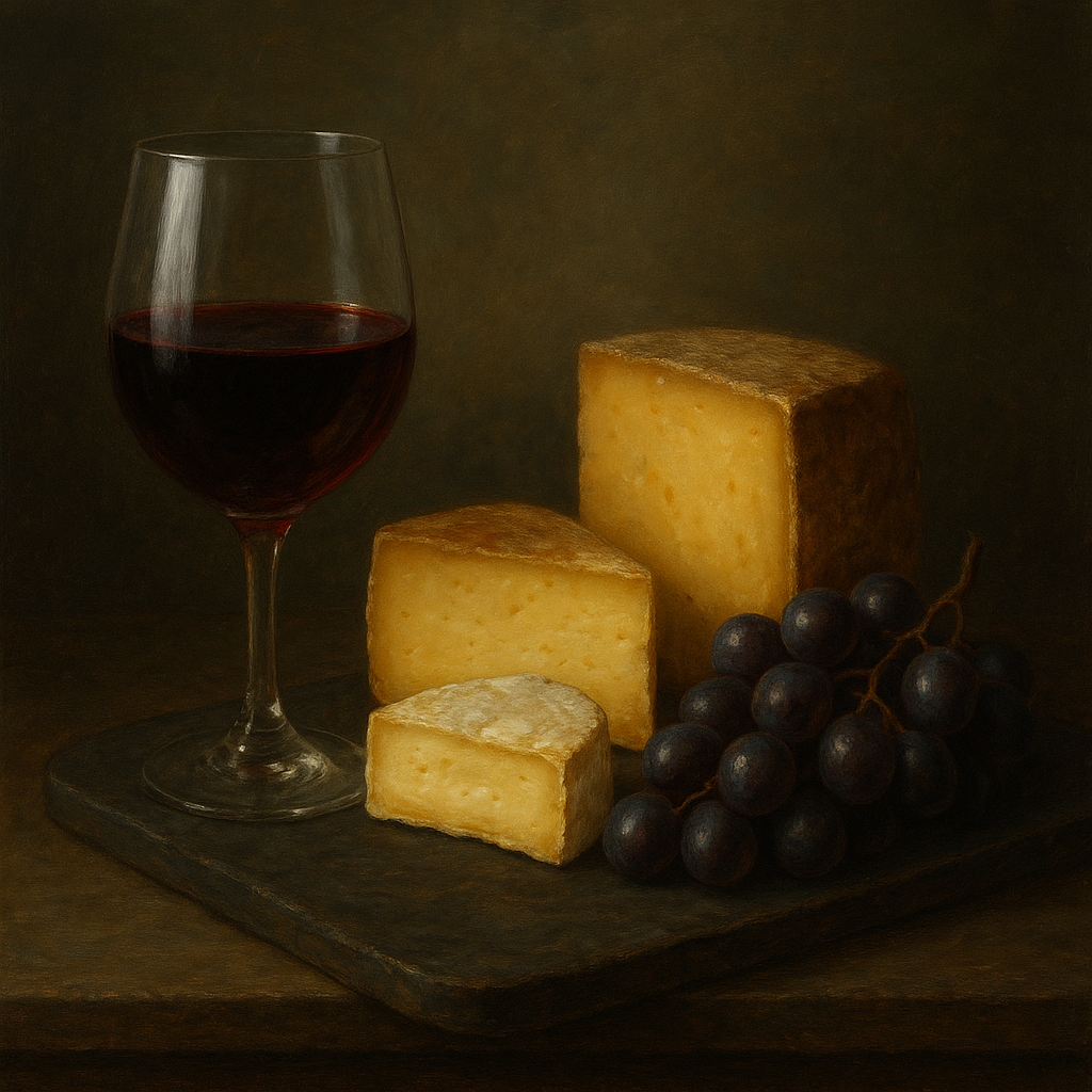 Burgundy Wine Glass & Aged Cheese Board No. 7 Oil Painting 100% Hand Painted Oil on Belgian Linen Canvas, Original Fine Art Wall Decor