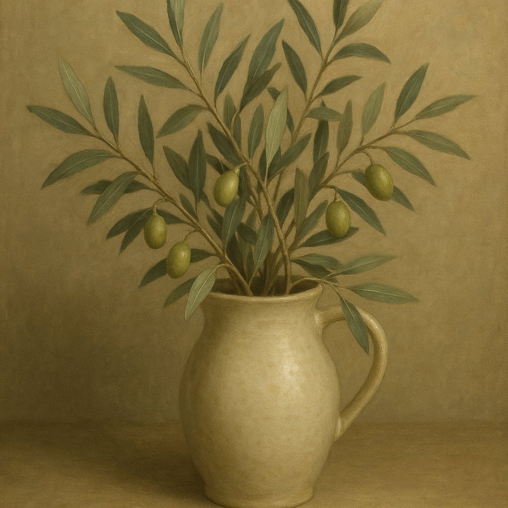 Wild Olive Sprigs in Stoneware Pitcher No. 5 Oil Painting - View 1