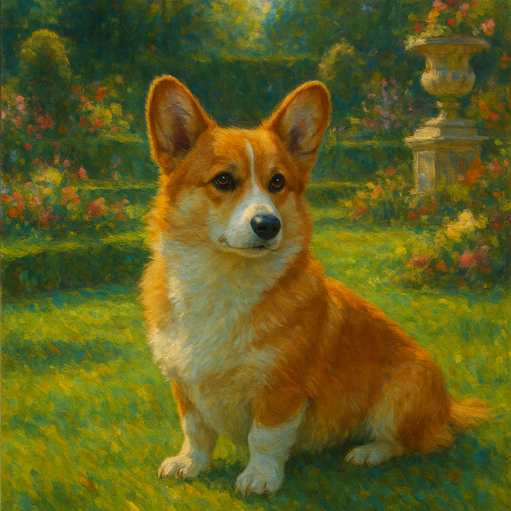 Pembroke Welsh Corgi in Royal English Garden No. 8 Fine Art Oil Painting - View 1