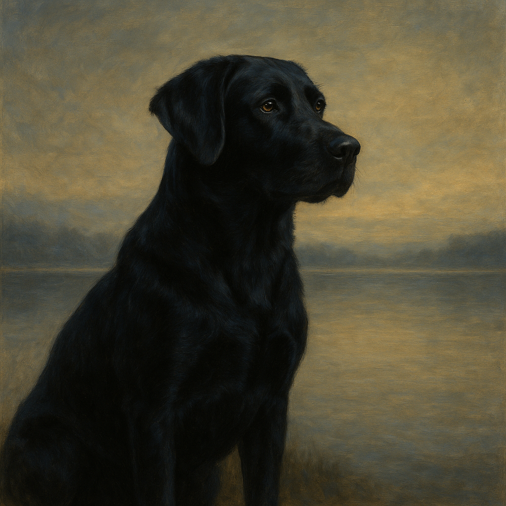 Black Labrador Retriever by Misty Lake Horizon No. 12 Fine Art Oil Painting - View 1