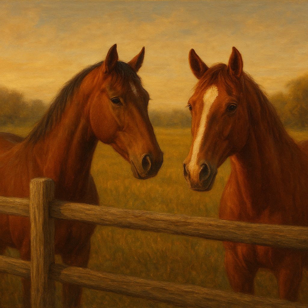 Two Horses at Rustic Post & Rail Fence No. 7 Oil Painting - View 1