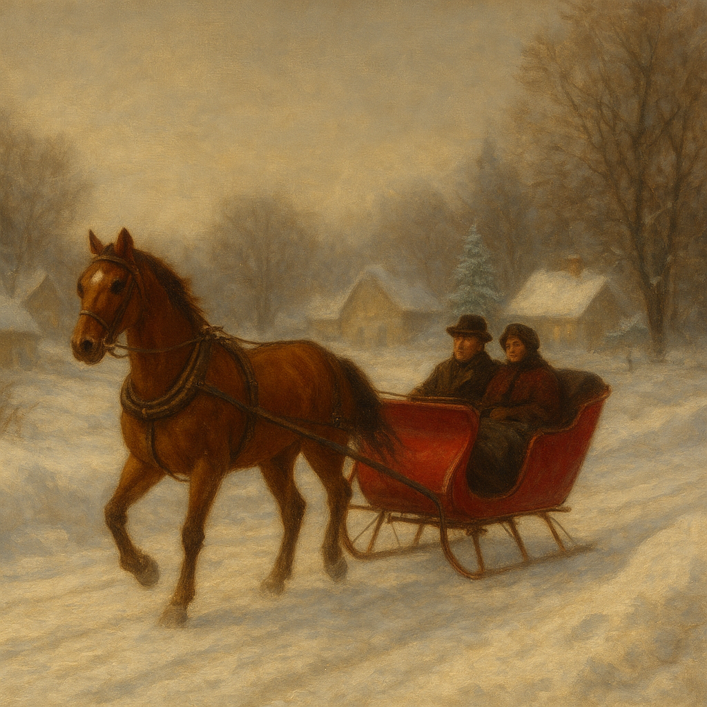 Horse-Drawn Sleigh on Village Snow Road No. 3 Oil Painting - View 1