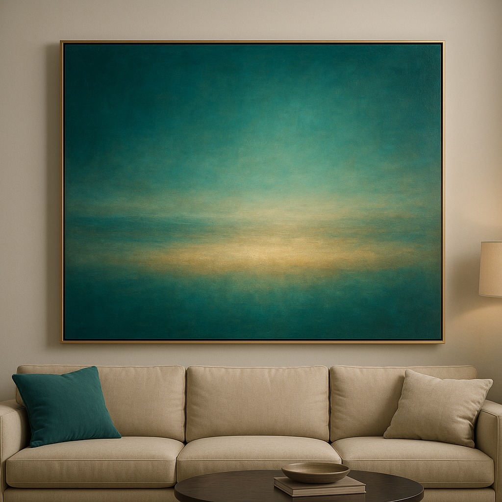 Peacock Teal & Champagne Gold Horizon No. 20 Oil Painting 100% Hand Painted Oil on Belgian Linen Canvas, Original Fine Art Wall Decor