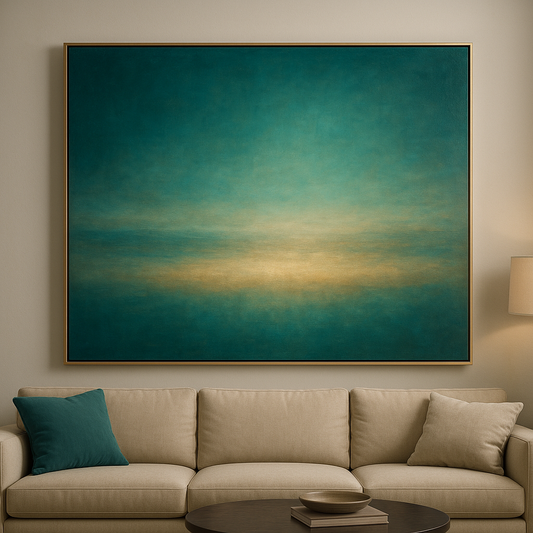 Peacock Teal & Champagne Gold Horizon No. 20 Oil Painting 100% Hand Painted Oil on Belgian Linen Canvas, Original Fine Art Wall Decor