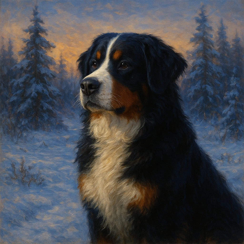 Bernese Mountain Dog in Winter Snowscape No. 17 Fine Art Oil Painting - View 1