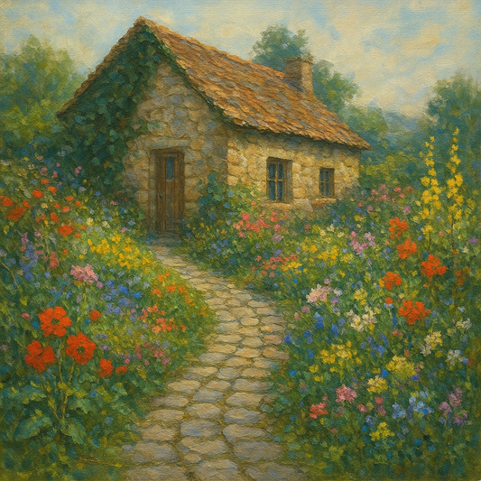 Rustic Stone Cottage Path with Wild Garden Blooms No. 10 Fine Art Oil Painting - View 1