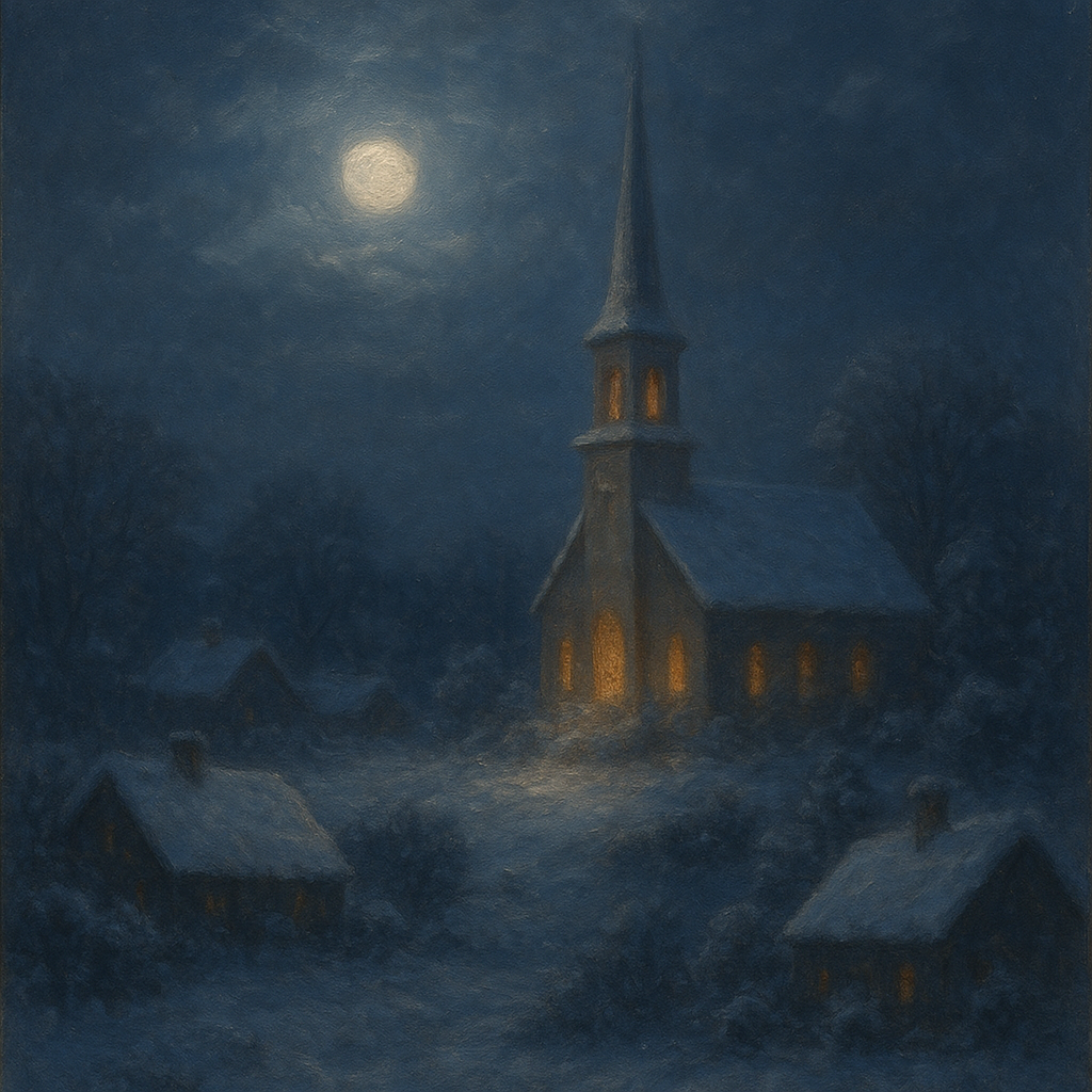 Moonlight Over Snowy Village Steeple No. 8 Oil Painting - View 1