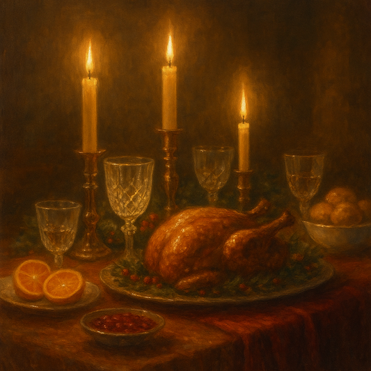 Candlelit Holiday Table & Vintage Glassware No. 10 Oil Painting 100% Hand Painted Oil on Belgian Linen Canvas, Original Fine Art Wall Decor