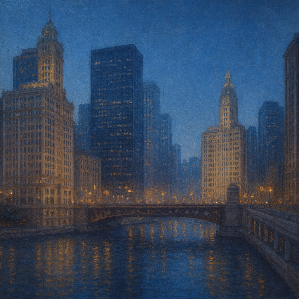 Chicago Riverfront Architecture at Blue Hour No. 14 Oil Painting - View 1