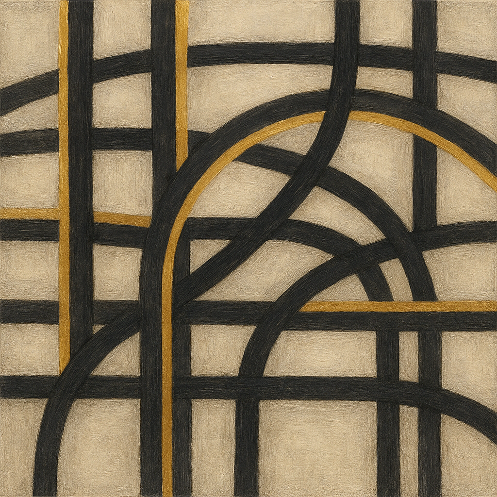Abstract Woven Line Matrix in Charcoal & Gold No. 14 Fine Art Oil Painting - View 1