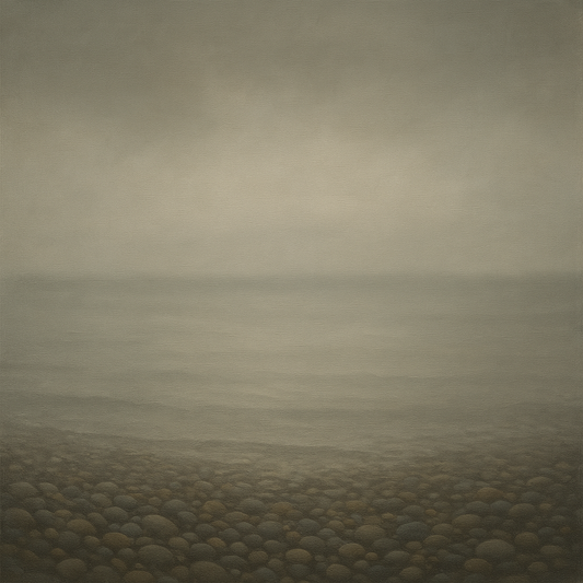 Overcast Coastal Fog & Wet Pebble Shingle No. 9 Oil Painting 100% Hand Painted Oil on Belgian Linen Canvas, Original Fine Art Wall Decor