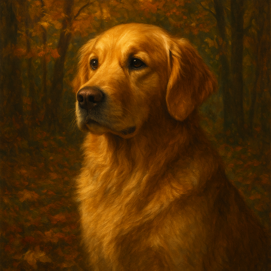 Noble Golden Retriever in Autumn Woods No. 13 Fine Art Oil Painting - View 1