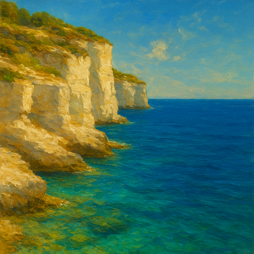 Mediterranean White Cliffs & Azure Horizon Fine Art Oil Painting - View 1
