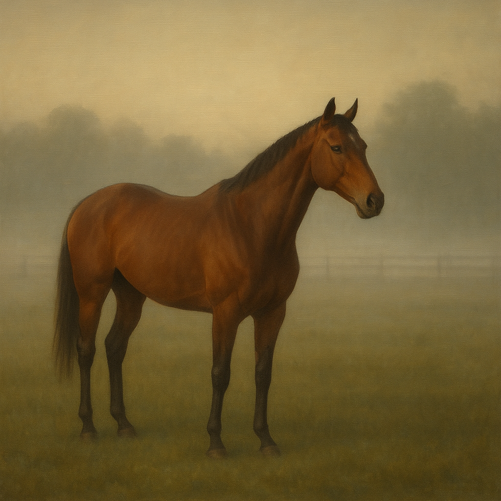 Thoroughbred in Morning Pasture Mist No. 4 Oil Painting - View 1