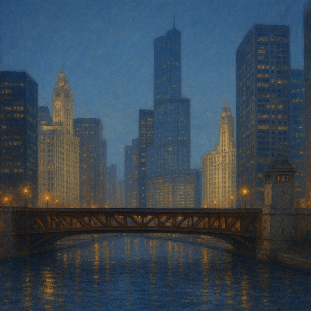 Chicago Riverfront Architecture at Blue Hour No. 17 Oil Painting - View 1