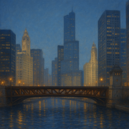 Chicago Riverfront Architecture at Blue Hour No. 17 Oil Painting 100% Hand Painted Oil on Belgian Linen Canvas, Original Fine Art Wall Decor