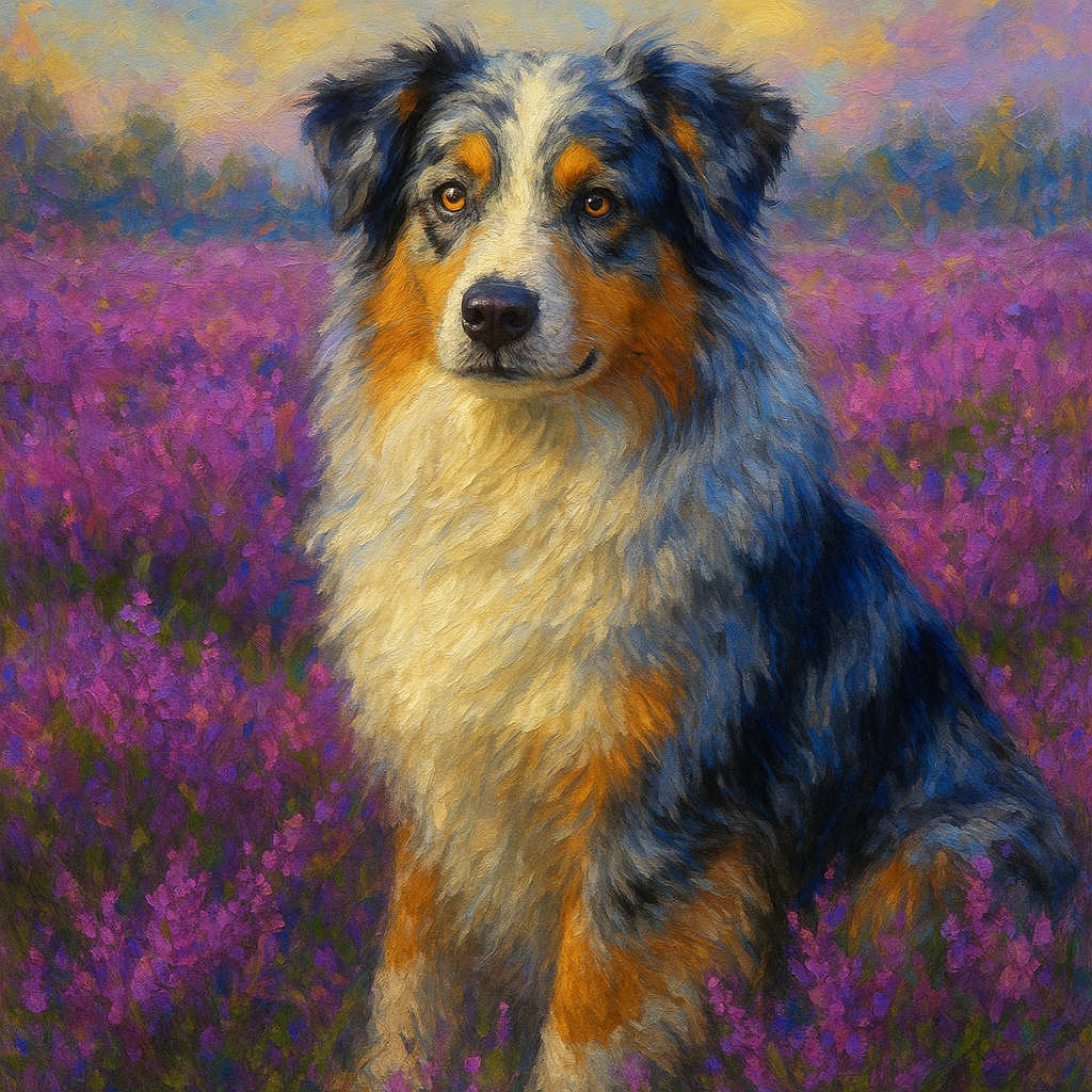 Australian Shepherd in Blooming Heather Field No. 7 Fine Art Oil Painting - View 1