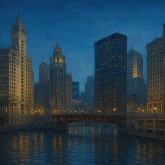 Chicago Riverfront Architecture at Blue Hour No. 2 Oil Painting - View 1