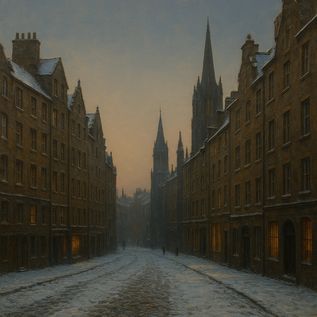 Edinburgh Old Town Royal Mile in Snow No. 6 Oil Painting - View 1