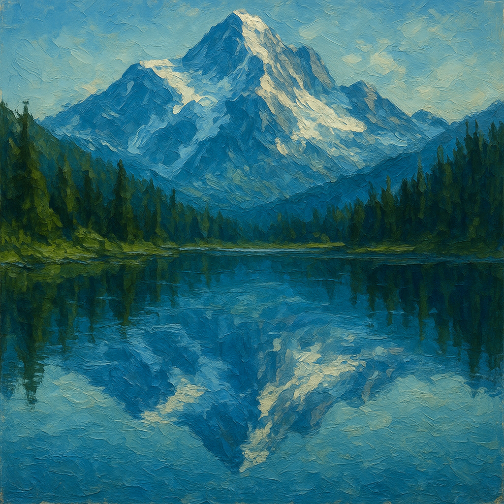 Cascades Mountain Reflection Landscape Oil Painting - View 1
